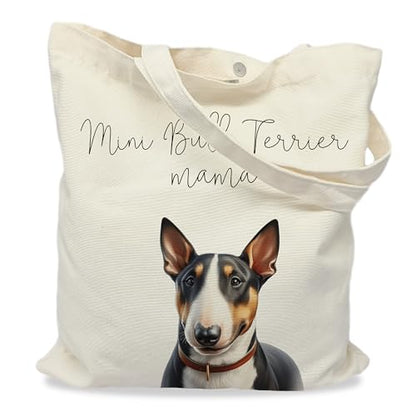 Dog Mom Canvas Tote Bag for Women, Reusable Cotton Shoulder Bag, Dog Lover Gift, Mother’s Day Pet Mom Shopping Tote - color: Mini Bull Terrier