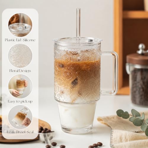 KEMORELA 24 Oz Ribbed Glass Tumblers with Lids and Straws, Tumbler Cup with Handle, Iced Coffee Glassware, Clear Reusable Drinkware for Smoothies and Beverages(1) - color: 24oz-Begonia