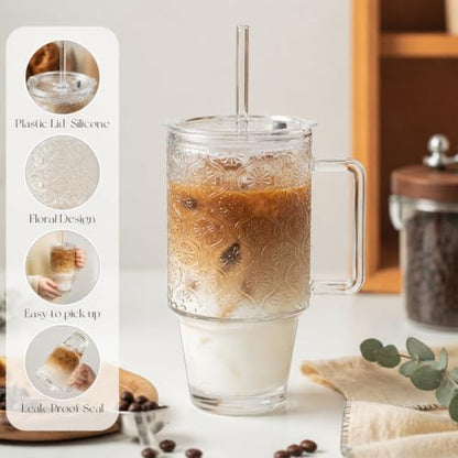 KEMORELA 24 Oz Ribbed Glass Tumblers with Lids and Straws, Tumbler Cup with Handle, Iced Coffee Glassware, Clear Reusable Drinkware for Smoothies and Beverages(1) - color: 24oz-Begonia