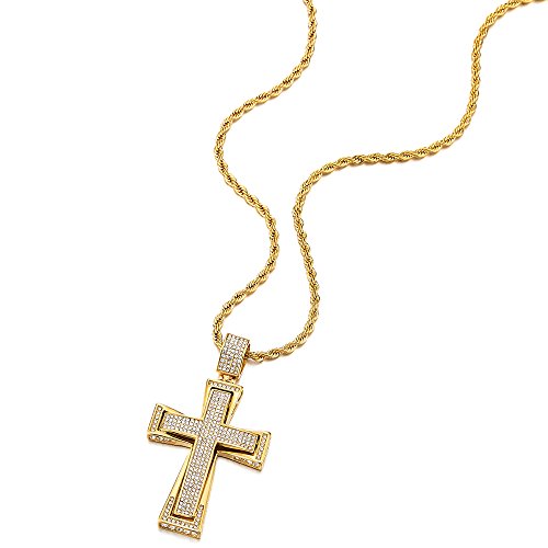COOLSTEELANDBEYOND Mens Womens EXTRA LARGE Steel Cross Pendant Necklace with Cubic Zirconia and Wheat Chain - color: B-Metal Color: Gold