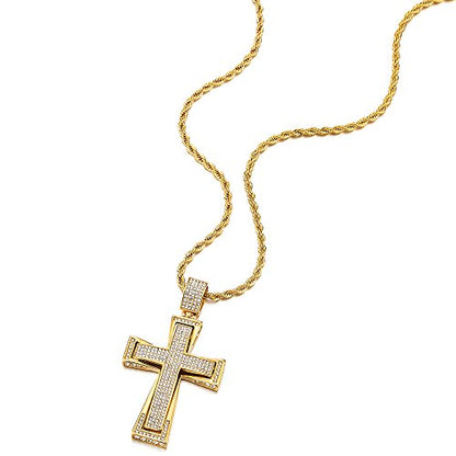 COOLSTEELANDBEYOND Mens Womens EXTRA LARGE Steel Cross Pendant Necklace with Cubic Zirconia and Wheat Chain - color: B-Metal Color: Gold