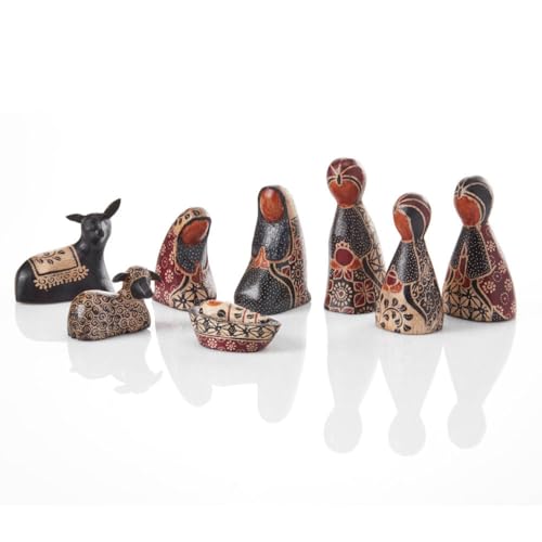 Black Batik Nativity Set, Christmas Decorations, Collectible Figurines, Xmas Indoor Home Decor - Fireplace Mantel, Desk, Shelf, Wooden Statues, 8pcs