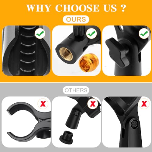 3 PCS Mic Clips for Stands Set, Universal Microphone Clip Holder, Adjustable Mic Holder for Stand with 2 pcs 5/8" Male to 3/8" Female Screw Adapter for Wired Wireless Microphones