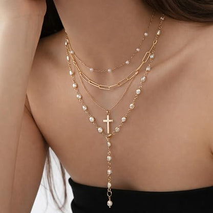 FAXHION 5PCS 14k Gold Plated Cross Necklaces for Women, Pendant Stacked Layered Diamond Y Long Boho Jewelry Sets Adjustable Accessories Trendy Gifts for Women - color: gold-04