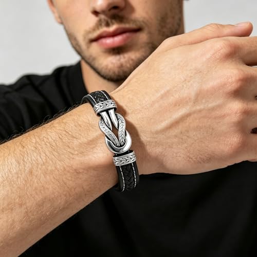 Men's Braided Leather Bracelet Wristband Cuff Bracelet for Men Gifts Stainless Steel Clasp - color: Black