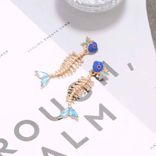 Fish Bone Earrings Drip Oil Animal Earrings Colorful Crystal Sparkly Enamel Earrings Creative Long Fishbone Earstud Dangle Fish Drop Earrings Jewelry for Women - color: Bule-1