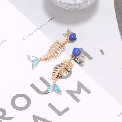 Fish Bone Earrings Drip Oil Animal Earrings Colorful Crystal Sparkly Enamel Earrings Creative Long Fishbone Earstud Dangle Fish Drop Earrings Jewelry for Women - color: Bule-1