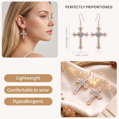 Moissanite S925 Sterling Silver Dainty Cross Drop Dangle Earrings For Women - color: Rose gold