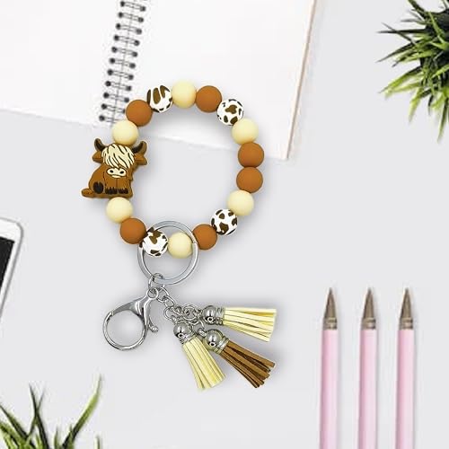 SHINYHARBOR Silicone Beaded Wristlet Keychain Bracelet,Key Wrist Keychains for Women Mom Teachers Best Friend - color: Cow-brown