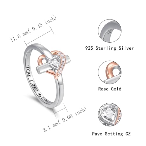 925 Sterling Silver True Love Waits Ring for Women Cross and Heart Promise Ring Christian Purity Faith Jewelry Inspirational Religious Gift for Her