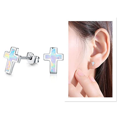 Opal Cross Stud Earrings, 925 Sterling Silver Hypoallergenic Stud Earrings - style: Cross
