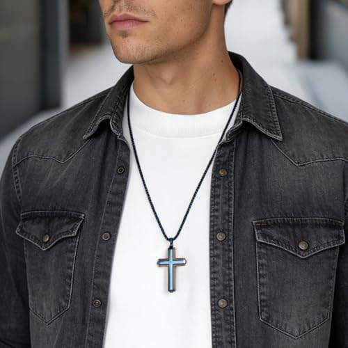 Wooden Cross Necklace for Men With Stainless steel And Black Ebony Adjustable Box Chain 24–26 inches Suitable for Everyday Wear And Christian Gifts for Men - color: Blue