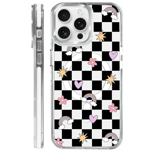 for iPhone 13/14 Case [Compatible with Magsafe],Girls Women Clear Magnetic Case Silicone Shockproof Protective Cover with Pattern Checkerboard Flowers - color: Checkerboard Flowers, size: iPhone 13/14
