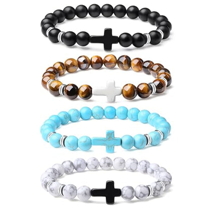 Mens Beaded Bracelets, 8MM Beaded Bracelets for Men, Natural Tiger Eye Bead Bracelet, Stretch Elastic Beads Bracelets for Men - color: White turquoise black yellow