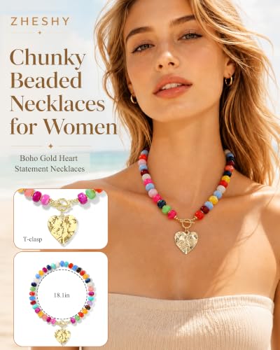 ZHESHY Chunky Beaded Necklaces for Women Heart Cross Statement Necklace - color: Multicolor 3