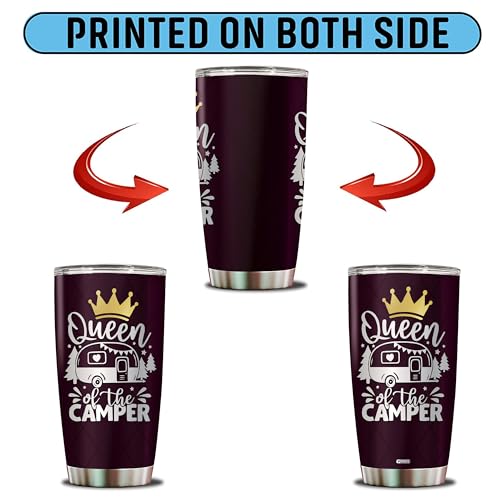 Queen of The Camper Tumbler Camping Gifts For Campers Women Mom Coffee Cup with Lid 20oz Stainless Travel Mug Water Bottle Wife Gift - color: Camping