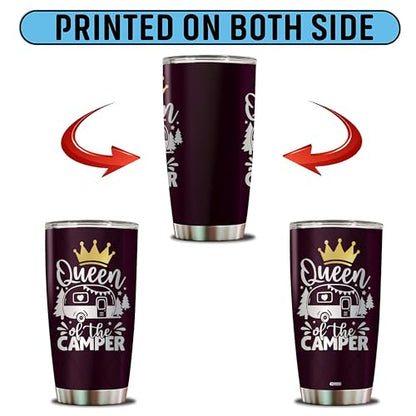 Queen of The Camper Tumbler Camping Gifts For Campers Women Mom Coffee Cup with Lid 20oz Stainless Travel Mug Water Bottle Wife Gift - color: Camping