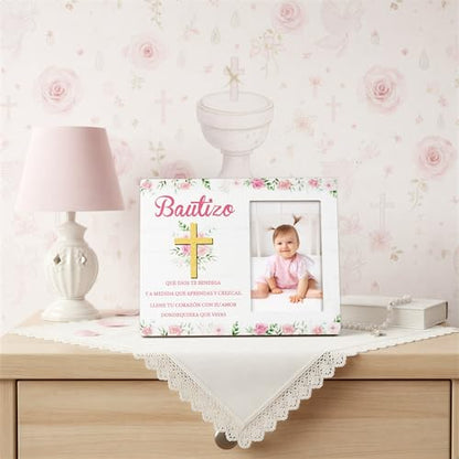 CJiangpo Spanish Baptism Picture Frame - Bautizo Gifts for Girls, Baby Religious Christening Gift Catholic Dedication Baby Shower Keepsake Pink Flower Wood Photo Frame from Godparents Friends Family