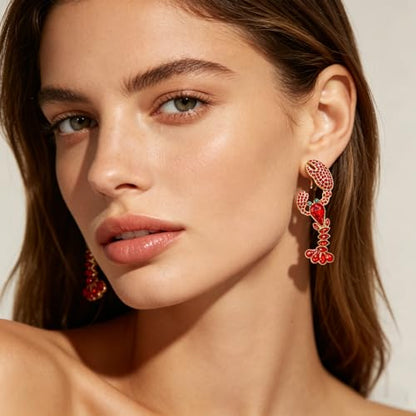 Creative Exaggerated Ocean Animal Drop Dangle Earrings for Women, Bohemia Style Alloy Lobster Octopus Fish Crab Earrings for Summer Beach Holiday Party Jewelry Gifts - style: Red Blue Rhinestone Lobster Earrings-I