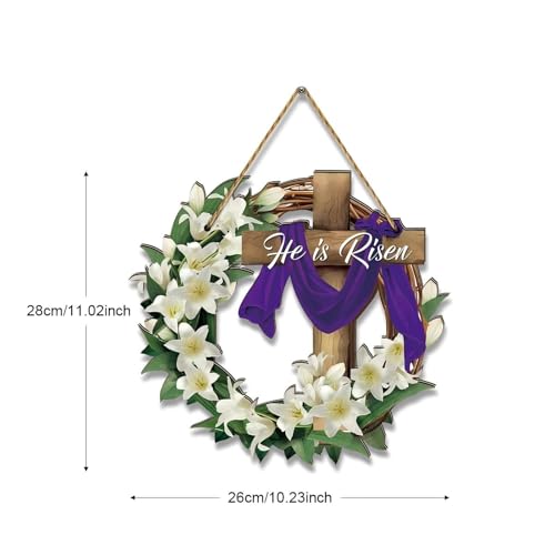 11.5 Inch Wooden He is Risen Easter Cross Wreath Door Sign