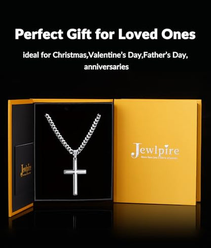 Jewlpire 925 Sterling Silver Cross Necklace for Men, 18k Gold Plated Sterling Silver Cross Necklace with 4mm Stainless Steel Cuban Link Chain for Men, Mens Necklace 16 18 20 22 24 26 Inch - color: Silver Cross Pendant