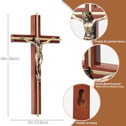 ACHIBANG Crucifix Wall Cross, 10 Inch Wooden Catholic Jesus Home Decor - color: Brown + Antique Brass