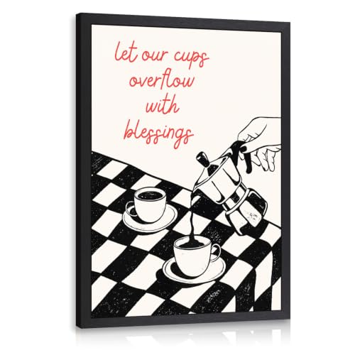 OPFDE Wood Framed Coffee Wall Art, Let Our Cups Overflow with Blessings Poster Print, Vintage Moka Pot Coffee Faith Wall Decor, Black and White Cafe Kitchen Artwork for Kitchen Office 12x16 Inch - color: Blessing, size: 16"L x 12"W