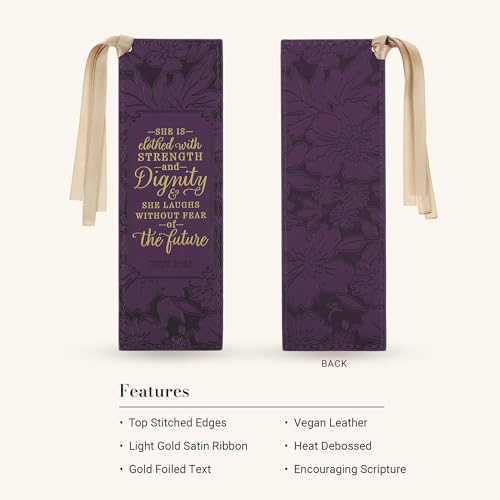 Christian Art Gifts Premium Faux Leather Bookmark: Strength & Dignity - color: Purple Floral/Strength & Dignity