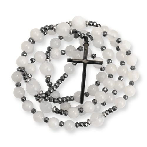 Nazareth Store Jasper Rosary Necklace – Catholic Handmade Rosary with Stone Beads, Hematite Spacers, and Black Alloy Cross – Durable Prayer Beads for Men and Women - color: White Jade