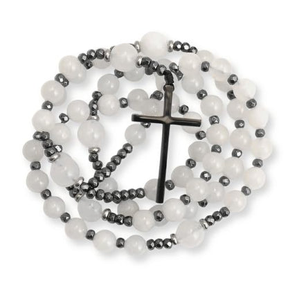 Nazareth Store Jasper Rosary Necklace – Catholic Handmade Rosary with Stone Beads, Hematite Spacers, and Black Alloy Cross – Durable Prayer Beads for Men and Women - color: White Jade