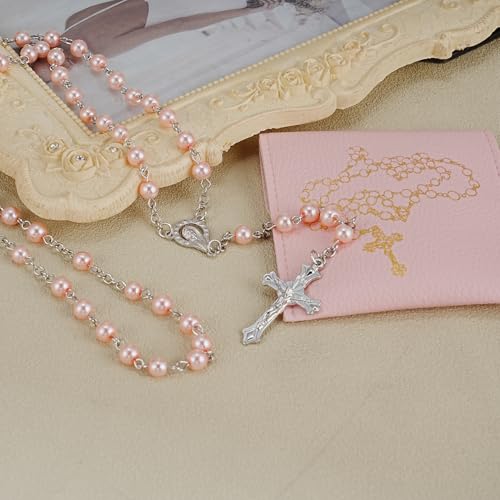 Rosary Beads Catholic, Rosary Necklace with Leather Pouch with Magnetic Top Bag for Men and Women Christian Gifts - color: Pink B