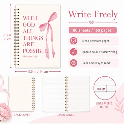 Pink Bow Notebook Bible Study Journal for Girls - color: (Pink) Matthew 19:26