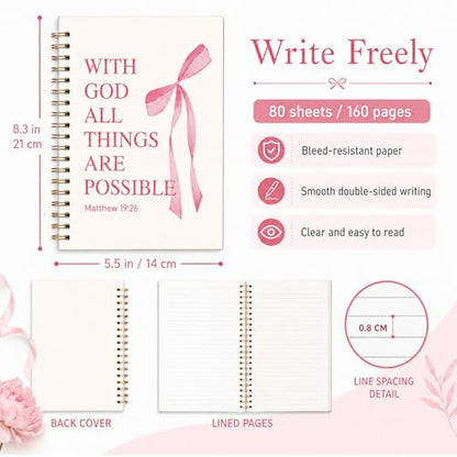 Pink Bow Notebook Bible Study Journal for Girls - color: (Pink) Matthew 19:26