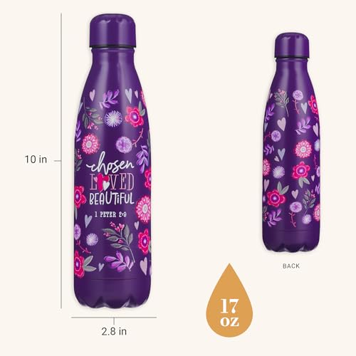 Christian Art Gifts Stainless Steel Double Wall Vacuum Sealed Insulated Water Bottle for Girls & Women: Chosen, Loved, Beautiful Inspirational Scripture, Leak/Spill-proof Thermos, Purple Floral, 17 oz - color: Chosen/Purple