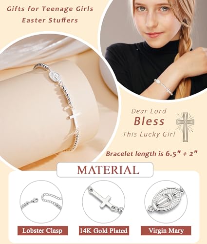 First Communion Gifts for Girls Virgin Mary Cross Bracelet Non Tarnish Baptism 1st Holy Communion Confirmation Gifts Christian Religious Catholic Jewelry - color: Baptism,Silver