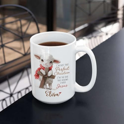 Customized Coffee Mug With Adorable Sheep Is Hugging Cross, Personalized Unique Name On Tea Mugs, Custom Christian Travel Cup, Inspiration Christ Mug Gift For Family, Accents Mugs - color: XUA-324-1557-Sheep Is Hugging Cross