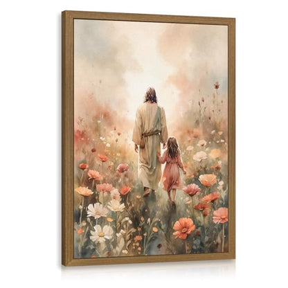 Snlihc Wood Framed Jesus with Little Girl Walk Nursery Wall Art 12x16 in - color: Girl(Wood), size: 16"L x 12"W