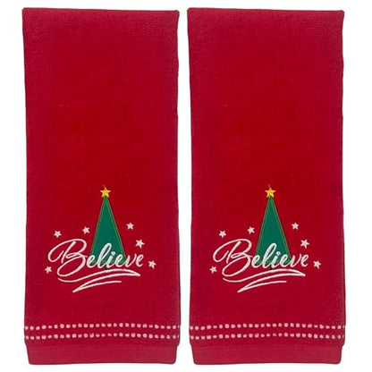 Christmas Red Guest Hand Bathroom Towels, Elegant Believe XMas Tree, 16x26" - color: Red