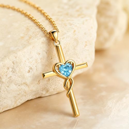 Birthstone Cross Necklace for Women 14K Gold Plated Heart Infinity Cross Pendant Necklace Christian Religious Jewelry Anniversary Birthday Gifts for Wife Mom Her - color: Mar/Aquamarine