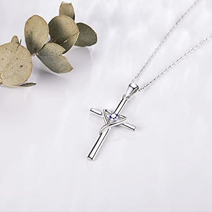 AmorAime 925 Sterling Silver Cross Necklace for Women Men 14K Gold Plated 5A CZ Birthstone Necklaces for Holiday - color: F.Light Purple-June-Alexandrite
