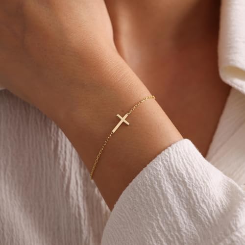 LUCA SMITH 925 Sterling Silver Cross Bracelet for Women Adjustable Stackable Dainty 14K Gold/Silver Cute Tiny Symbolic Cross Pendant Charm Link Chain Faith-Based Jewelry - color: gold