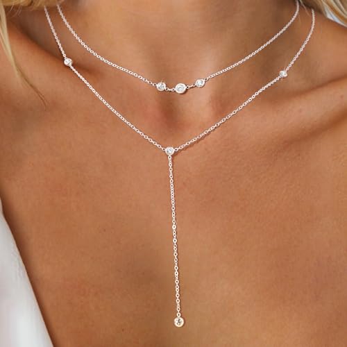 Sterling Silver 14K Gold Plated Dainty Layered Long Necklace for Women - color: Silver-CZ