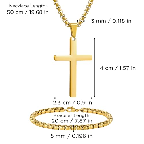NORBU Stainless Steel Cross Necklace and Bracelet Set for Men, Cuban Link - color: Gold Box