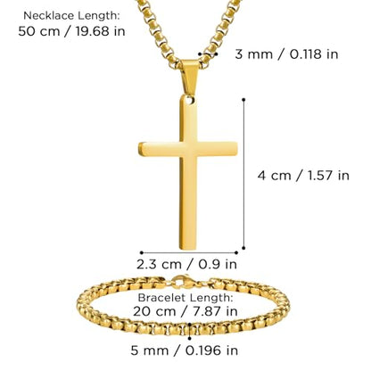NORBU Stainless Steel Cross Necklace and Bracelet Set for Men, Cuban Link - color: Gold Box