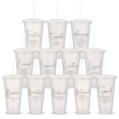 Engrowtic 12 Set Christian Tumblers with Lid Straw 24 oz, White - color: White