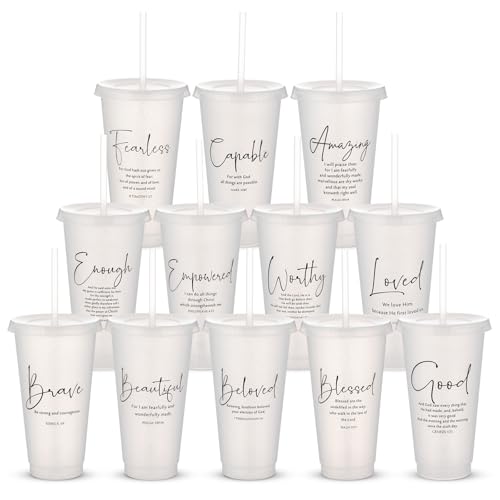 Engrowtic 12 Set Christian Tumblers with Lid Straw 24 oz, White - color: White