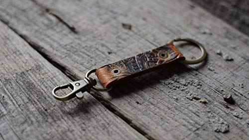 JJNUSA Brown Leather Key chain flower pattern with Easy Clasp Key Wrist Lanyards Holder