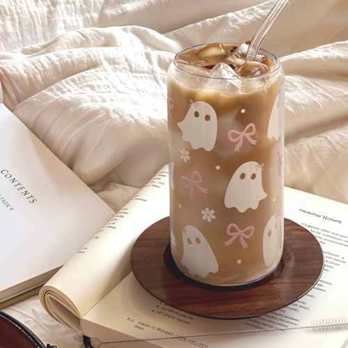 SANDJEST Halloween 16oz Can Glass Tumbler with Acrylic Lid & Straw, Iced Coffee Cup for Women Girls, Aesthetic Cups Gifts for Party - color: Boo