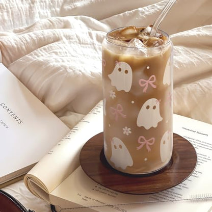 SANDJEST Halloween 16oz Can Glass Tumbler with Acrylic Lid & Straw, Iced Coffee Cup for Women Girls, Aesthetic Cups Gifts for Party - color: Boo