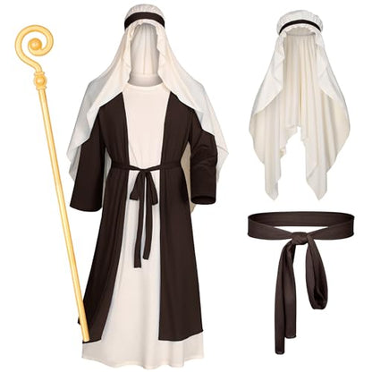 Irtysh Mens Biblical Saint Joseph Costume Jesus Robe Sherherd Costume Staffs Headwrap Hat Waist Rope Set - size: Large